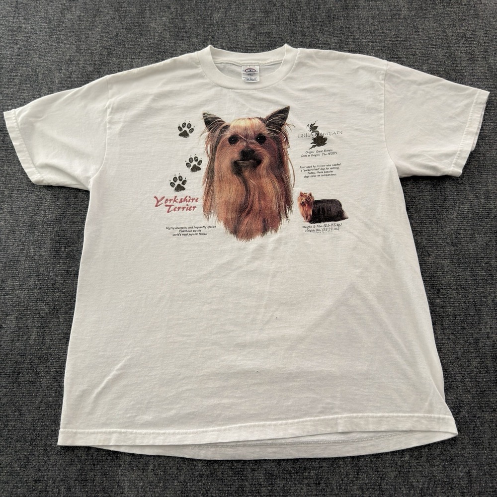 Y2K 2000s Yorkshire Terrier Dog Graphic T Shirt Mens Large White